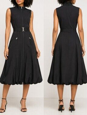 Linea Domani Petite Black Zip Front Bubble Hem Dress With Belt 4P